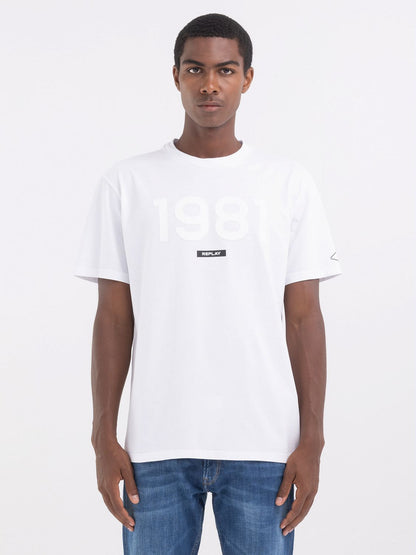 REPLAY CREWNECK T-SHIRT IN JERSEY WITH EMBOSSED PRINT